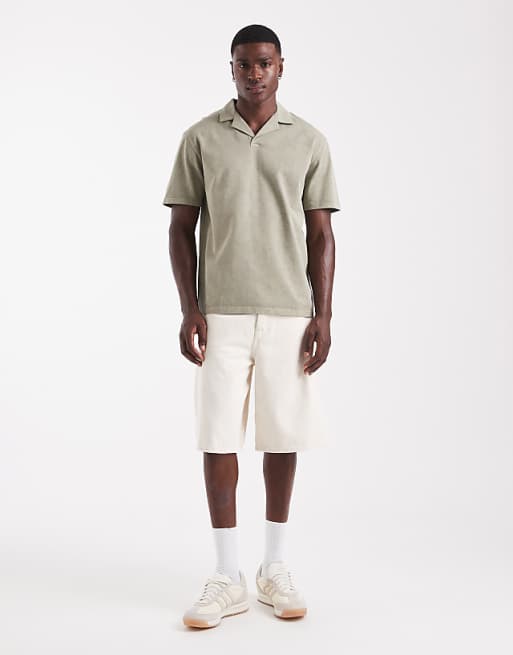 DESIGN Heavyweight Relaxed Revere Polo In Garment Dyed Khaki