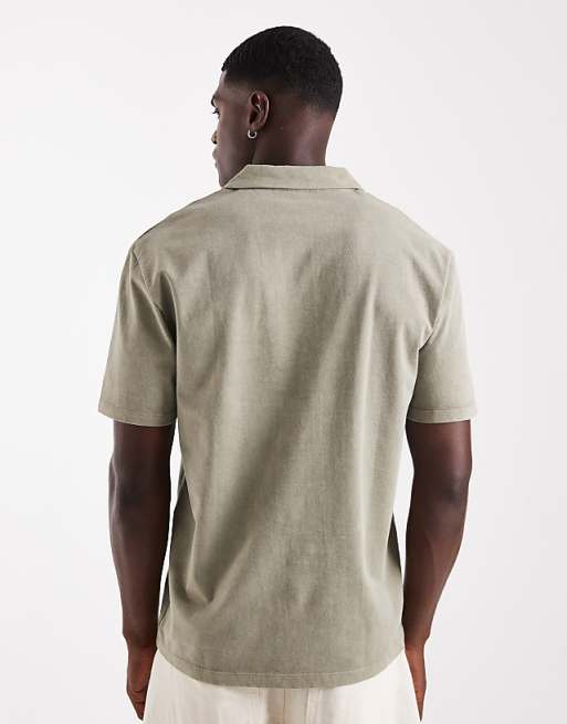 DESIGN Heavyweight Relaxed Revere Polo In Garment Dyed Khaki
