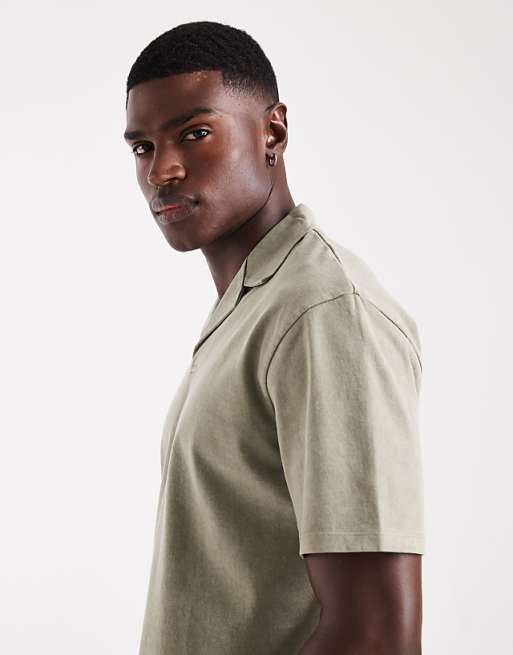 DESIGN Heavyweight Relaxed Revere Polo In Garment Dyed Khaki