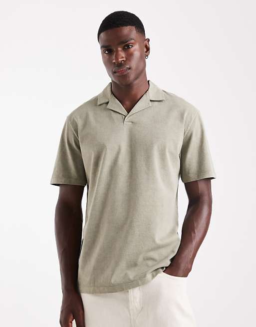 DESIGN heavyweight relaxed revere polo in garment dyed khaki