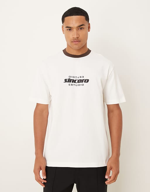 DESIGN heavyweight relaxed ringer t-shirt with print in off white