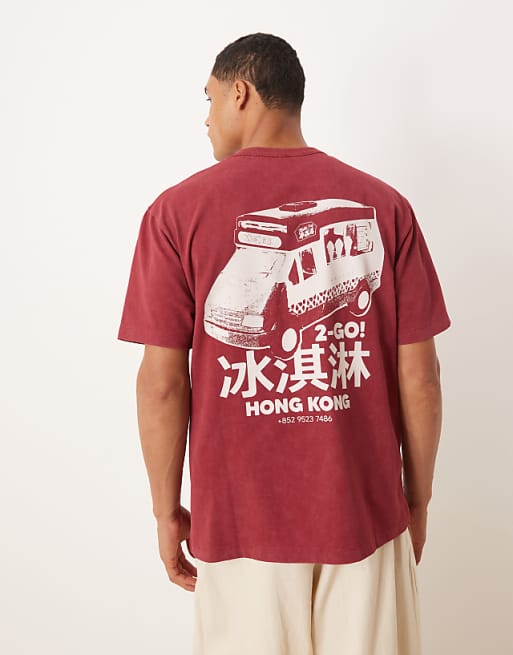 DESIGN heavyweight relaxed t-shirt in with city graphic in washed red