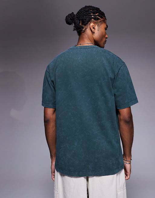DESIGN Heavyweight Relaxed T-shirt With Chest Graphic In Washed Dark Green