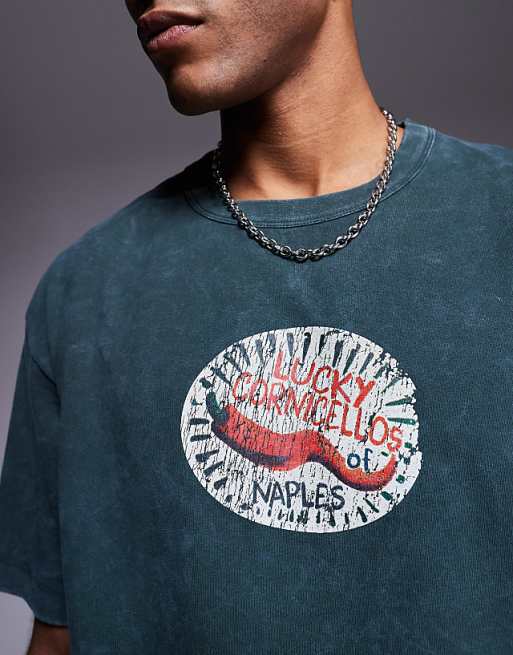DESIGN Heavyweight Relaxed T-shirt With Chest Graphic In Washed Dark Green