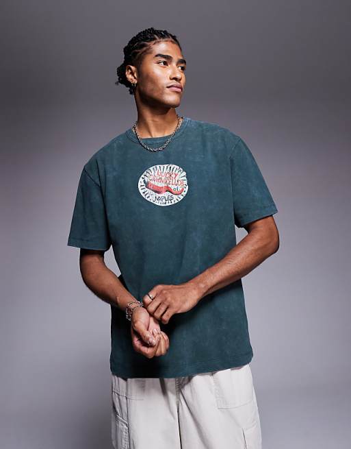 DESIGN heavyweight relaxed t-shirt with chest graphic in washed dark green