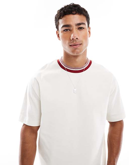 DESIGN Heavyweight Relaxed T-shirt With Contrast Collar In Cream