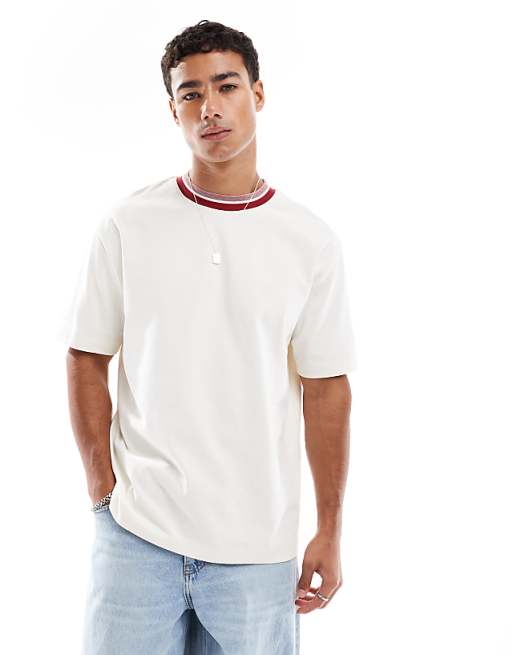DESIGN heavyweight relaxed t-shirt with contrast collar in cream
