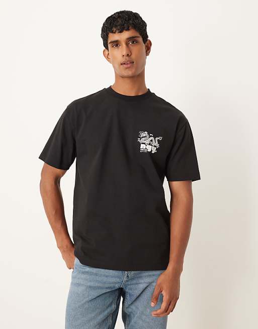 DESIGN heavyweight relaxed t-shirt with dragon print in charcoal
