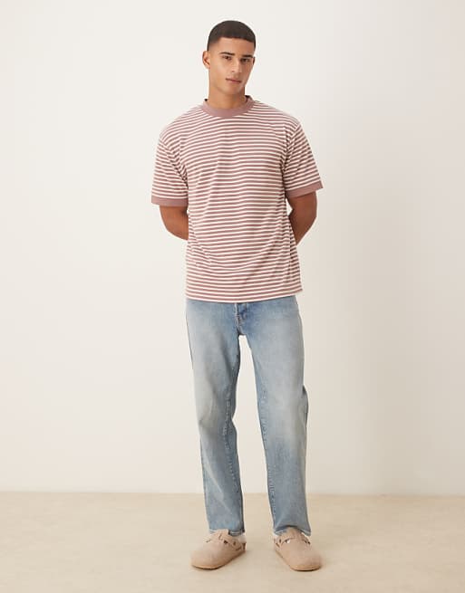DESIGN Heavyweight Relaxed T-shirt With Dropped Shoulder In Pink And Grey Stripe