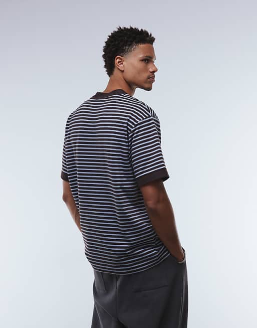 DESIGN Heavyweight Relaxed T-shirt With Dropped Shoulder In Blue And Brown Stripe