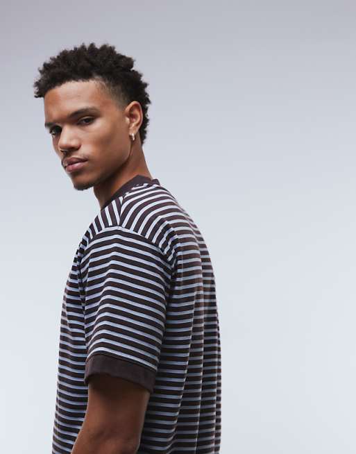 DESIGN Heavyweight Relaxed T-shirt With Dropped Shoulder In Blue And Brown Stripe