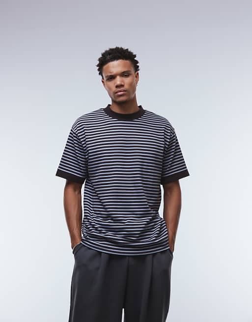 DESIGN heavyweight relaxed t-shirt with dropped shoulder in blue and brown stripe