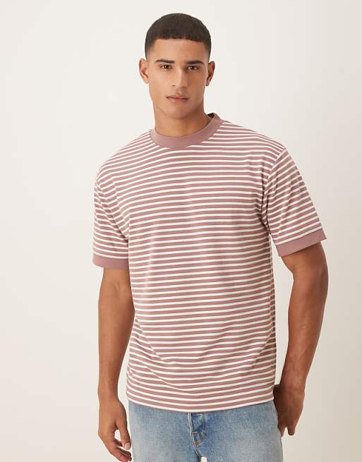 DESIGN heavyweight relaxed t-shirt with dropped shoulder in pink and grey stripe