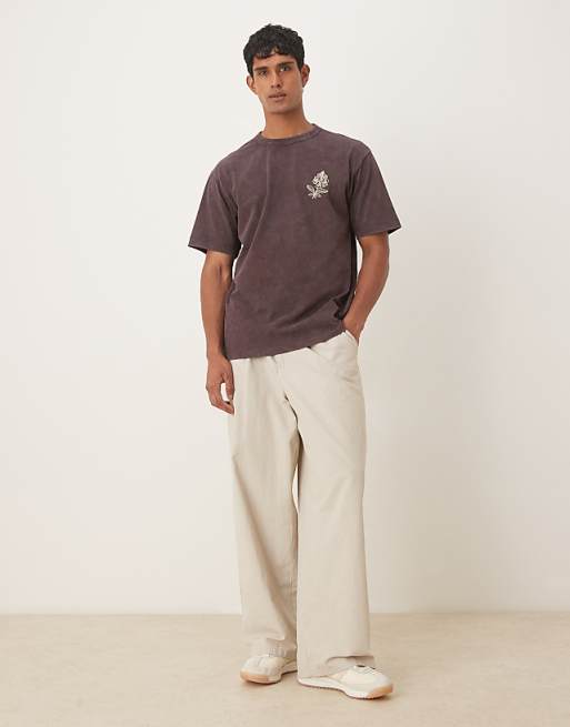 DESIGN Heavyweight Relaxed T-shirt With Embroidery Graphic In Washed Brown