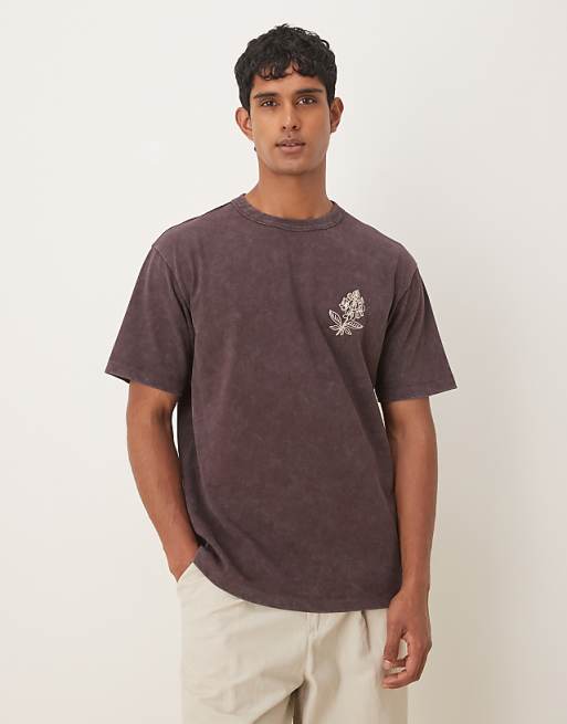 DESIGN heavyweight relaxed t-shirt with embroidery graphic in washed brown