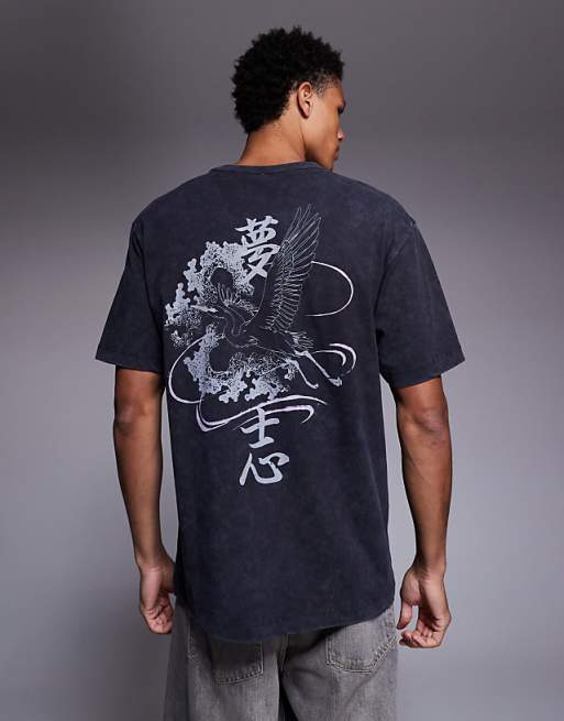 DESIGN heavyweight relaxed t-shirt with heron graphic in washed black