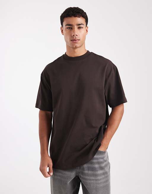 DESIGN heavyweight relaxed t-shirt with high neck in dark brown