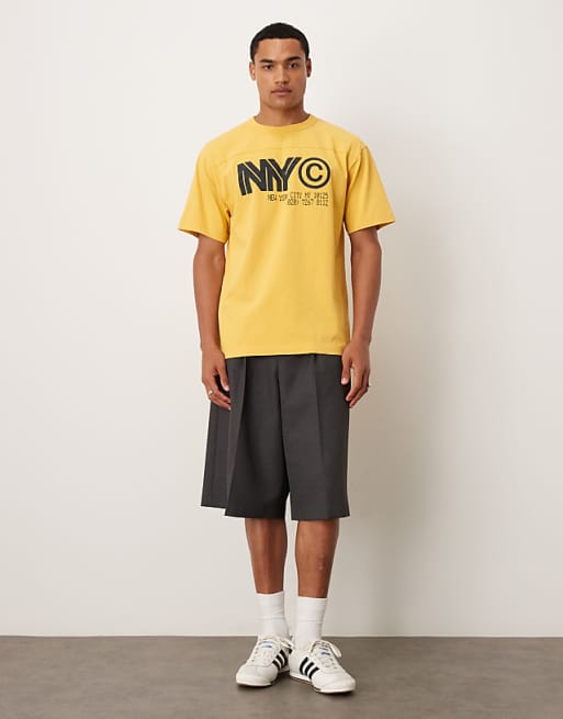 DESIGN Heavyweight Relaxed T-shirt With NYC Graphic In Washed Yellow