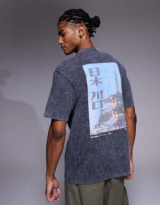 DESIGN heavyweight relaxed t-shirt with scenic graphic in washed black