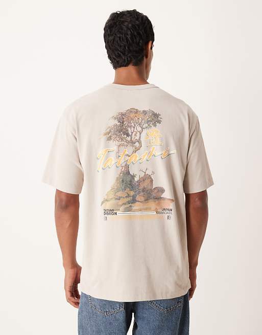 DESIGN heavyweight relaxed t-shirt with scenic graphic in beige