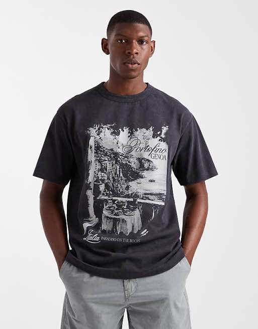 DESIGN heavyweight relaxed t-shirt with scenic graphic in washed black