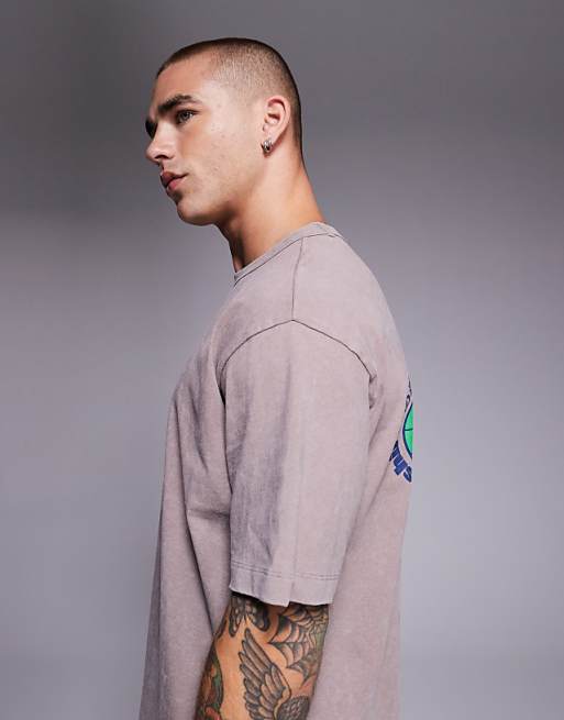 DESIGN Heavyweight Relaxed T-shirt With Tiger Graphic In Washed Brown