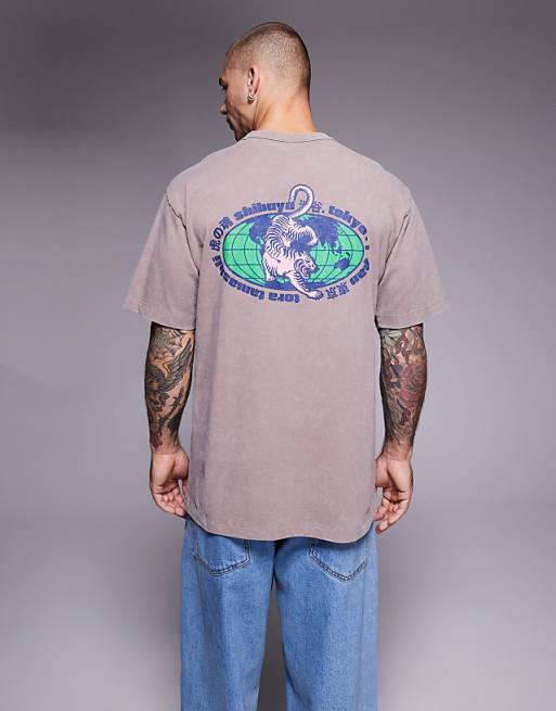 DESIGN heavyweight relaxed t-shirt with tiger graphic in washed brown