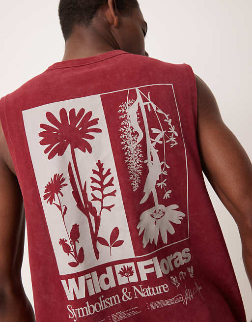 DESIGN Heavyweight Relaxed Tank With Floral Graphic In Washed Red