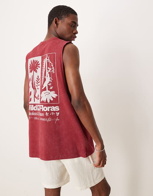DESIGN Heavyweight Relaxed Tank With Floral Graphic In Washed Red