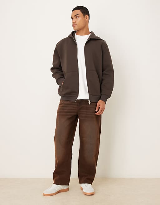 DESIGN Heavyweight Relaxed Zip Through Hoodie In Scuba-style Fabric In Brown