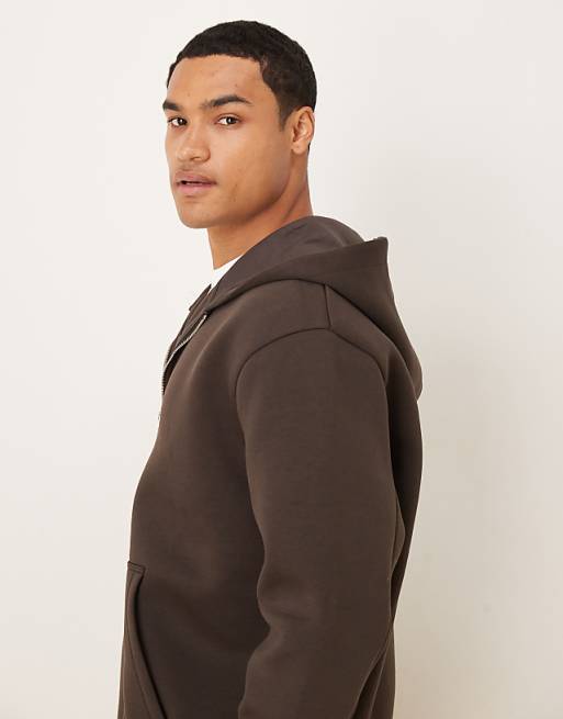 DESIGN Heavyweight Relaxed Zip Through Hoodie In Scuba-style Fabric In Brown