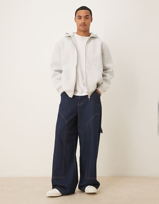 DESIGN Heavyweight Relaxed Zip Through Hoodie In Scuba-style Fabric In Ice Marl