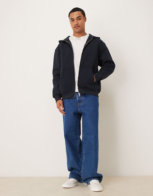 DESIGN Heavyweight Relaxed Zip Through Hoodie In Scuba-style Fabric In Navy