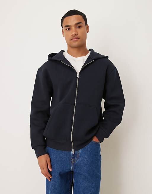 DESIGN heavyweight relaxed zip through hoodie in scuba-style fabric in navy