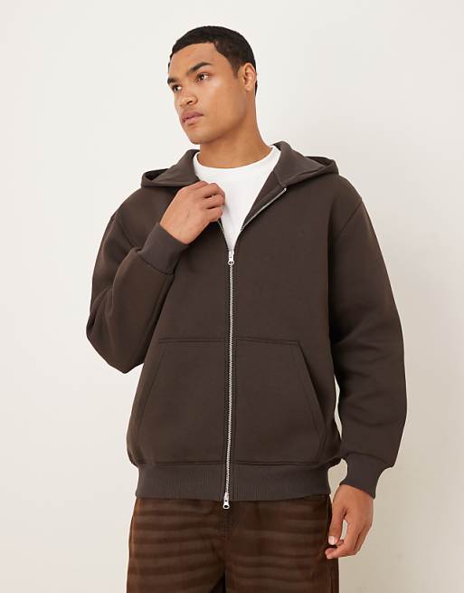DESIGN heavyweight relaxed zip through hoodie in scuba-style fabric in brown