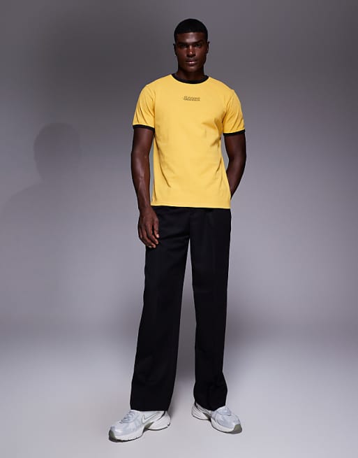 DESIGN Heavyweight Ringer T-shirt With Text Graphic In Washed Yellow