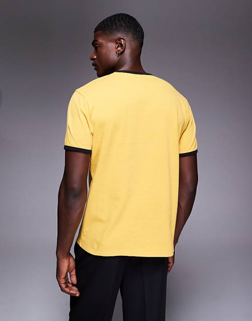 DESIGN Heavyweight Ringer T-shirt With Text Graphic In Washed Yellow