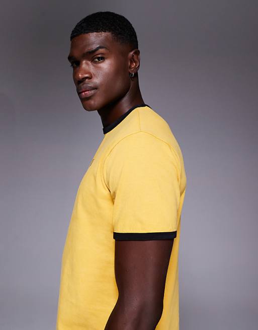 DESIGN Heavyweight Ringer T-shirt With Text Graphic In Washed Yellow