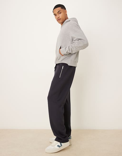 DESIGN Heavyweight Straight Joggers With Zip Pockets In Scuba-style Fabric In Navy