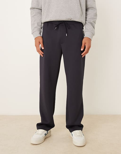 DESIGN heavyweight straight joggers with zip pockets in scuba-style fabric in navy