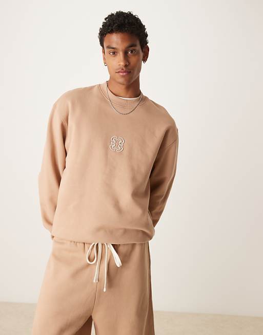 DESIGN heavyweight sweatshirt with embroidery in 400gsms in beige