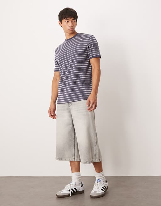 DESIGN Heavyweight T-shirt In Navy And White Textured Stripe