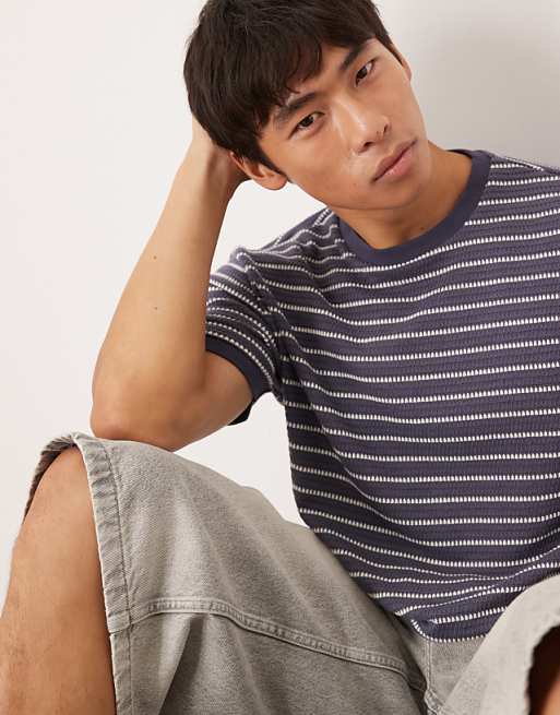 DESIGN Heavyweight T-shirt In Navy And White Textured Stripe