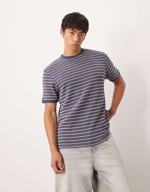 DESIGN heavyweight t-shirt in navy and white textured stripe