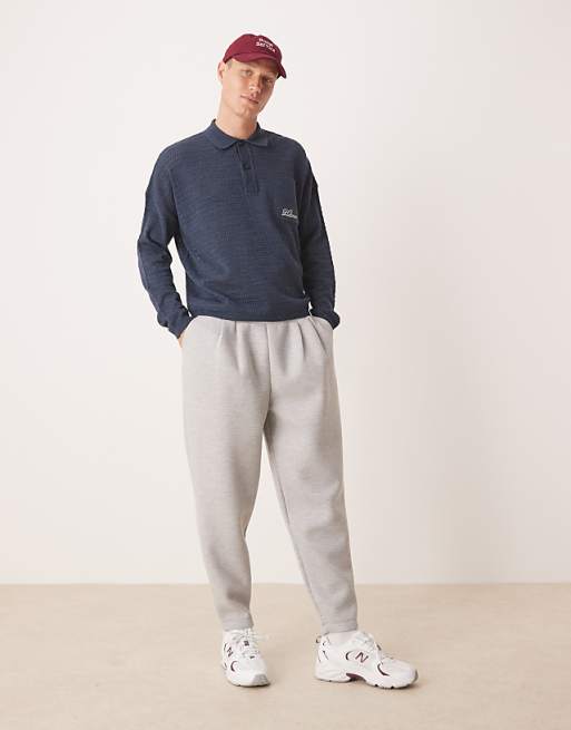 DESIGN heavyweight tapered jogger with pleat detail in scuba-style fabric in grey marl
