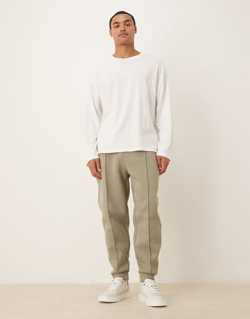 DESIGN Heavyweight Tapered Joggers In Scuba-style Fabric With Pin Tucks In Khaki