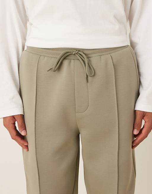 DESIGN Heavyweight Tapered Joggers In Scuba-style Fabric With Pin Tucks In Khaki