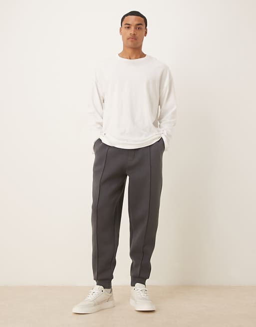DESIGN Heavyweight Tapered Joggers In Scuba-style Fabric With Pin Tucks In Charcoal