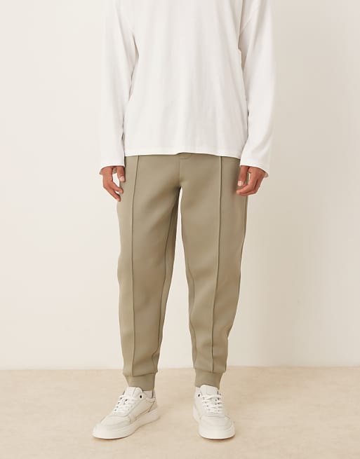 DESIGN heavyweight tapered joggers in scuba-style fabric with pin tucks in khaki