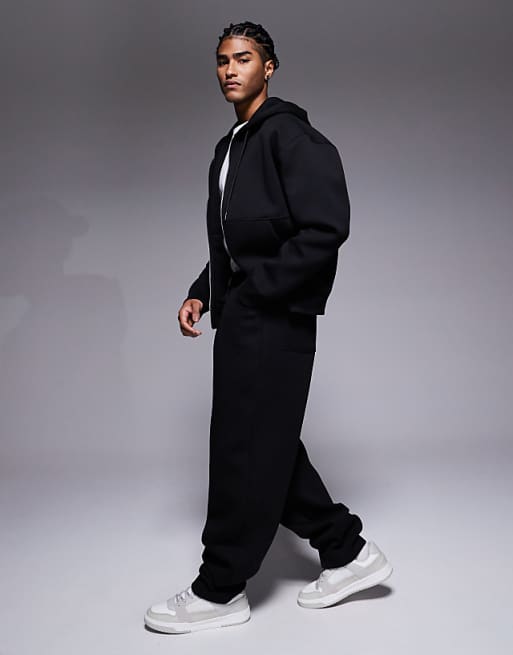 DESIGN Heavyweight Wide Leg Joggers With Dart Details In Scuba-style Fabric In Black